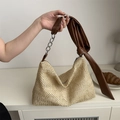 Helle beige Stroh-Einkaufstasche mit dunkelbraunem Knotengurt und silberner Kette - Braun