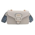 Chic off-white canvas small square bag with blue trim and wide jacquard shoulder strap - White