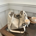 Large beige nylon bucket tote bag with drawstring closure and cupcake plush charm - With Pendant / Khaki