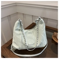 Detail of light green pleated tote bag featuring silver chain and adjustable strap - No Pendant / Green