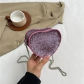 Pink heart-shaped mini crossbody bag with sparkling rhinestones and silver chain strap - Pink