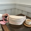 Chic beige canvas waist bag for women with pink embroidery and adjustable strap - Pink