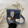 Minimalist navy blue canvas crossbody bag with white leather trim and logo strap - Blue