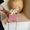 Mini red and white bucket bag with elegant pearl handle and gold chain strap - Pink