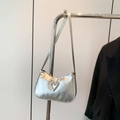 Silver metallic baguette shoulder bag with sparkling rhinestone heart on pleated texture - Silver