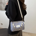 Mini cylindrical bag with blue white stripes, pearl chain and crossbody strap - Blue Striped