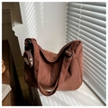 Detailed texture of brown corduroy dumpling bag with matching small round coin purse - Dark Brown With Small Pouch