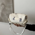 White barrel crossbody bag with cartoon dog print and decorative pearl floral chain - Little Bear White