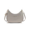 Gray crescent-shaped leather bucket bag with gold lettering and adjustable shoulder strap - Silver