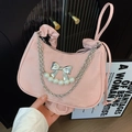 Pink nylon half-moon shoulder bag with metal bow and pearl chain decoration - Pink