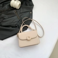 Minimalist beige PU leather square crossbody bag with a round metal buckle and top handle - Khaki