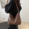 Minimalist deep brown oversized hobo tote bag with geometric stitching and wide strap - Plaid Coffee