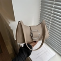 Chic beige hobo shoulder bag for women with silver buckle and pebbled leather texture - Khaki