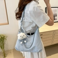Light blue nylon tote bag with metal chain detail and cloud plush charm for women - Blue With Cloud Pendant