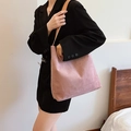 Chic pink frosted suede tote bag with contrast brown strap for urban commute - Pink