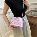Purple pleated bucket bag with satin bows and gold chain strap for women - Pink