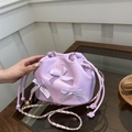 Light purple drawstring bucket bag with satin bows and gold chain strap for women - Purple