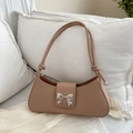Beige faux leather underarm bag featuring a silver bow buckle and knotted shoulder strap - Khaki