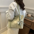 Pistachio green tote bag with pleated texture and decorative fashion silk scarf bow - Green
