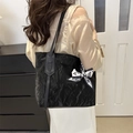 Black crinkled texture tote bag with a decorative fashion print scarf on shoulder - Black