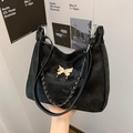 Retro black velvet shoulder bag with golden butterfly and silver chain strap details - Black
