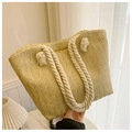 Detail of herringbone weave straw tote bag with cotton rope handles and tassels - Khaki