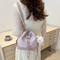 Lavender bucket bag with drawstring closure, silver chain detail and plush rabbit charm - Purple (With Glasses Pendant)