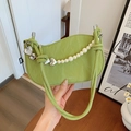 Avocado green pleated shoulder bag with pearl heart chain and thick strap - Green