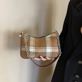 Borsa baguette a quadri marroni con catena d'argento e manico in pelle - Marrone