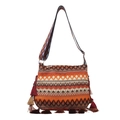 Böhmische große Stricktasche mit bunten geometrischen Mustern und dekorativen Fransen - Braun
