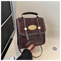 Mini zaino retrò in pelle marrone scuro e cuciture a quadri rossi e verdi - Rosso