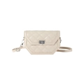 Chic beige quilted square crossbody bag with diamond pattern and silver metal twist lock - White