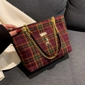 Borsa tote in lana scozzese bordeaux e verde con catena dorata e ciondolo a cervo - Rosso