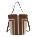 Modieuze contrast bucket bag van bruin leer en canvas met witte stiksels - Bruin