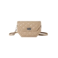 Elegant beige quilted crossbody bag with hexagonal flap and silver metallic twist lock - Khaki