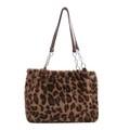 Stylish faux fur leopard print tote bag with brown straps and silver metal chain - Brown