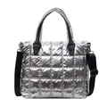 Silver quilted tote bag with metallic finish and black adjustable nylon shoulder straps - Silver