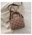 Vintage bruine geruite crossbodytas met handvatten en afneembare schouderriem - Khaki (Met kersthondhanger)