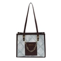 Borsa tote in denim trapuntato blu con finiture in pelle marrone e catena floreale - Marrone