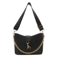 Minimalist black leather saddle bag with gold chain and wide textile shoulder strap - Black