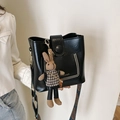 Black bucket bag with wide jacquard strap and cute rabbit pendant charm accessory - With Rabbit Pendant / Black
