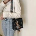 Black leather bucket bag with retro patterned wide strap and a cute rabbit charm - With Rabbit Pendant / Coffee