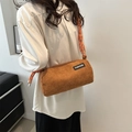 Caramel corduroy cylinder crossbody bag with woven rope strap and fashion label - Brown