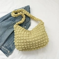 Light yellow puff pleated tote bag with cloud bubble texture on denim background - Green