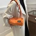 Orange corduroy cylinder crossbody bag with woven rope strap and fashion patch - Orange