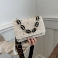 Beige woven crossbody bag with floral embroidery and gold-tone chain handle - Black