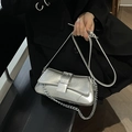 Silver metallic leather shoulder bag with chain detail and buckle strap design - Silver