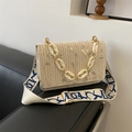 Beige straw woven crossbody bag with floral embroidery and wide fabric shoulder strap - Khaki