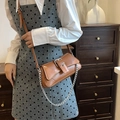 Vintage brown PU leather crossbody bag with silver metal chain and buckle strap - Brown