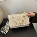 Straw flap shoulder bag with floral embroidery and resin chain handle for women - White